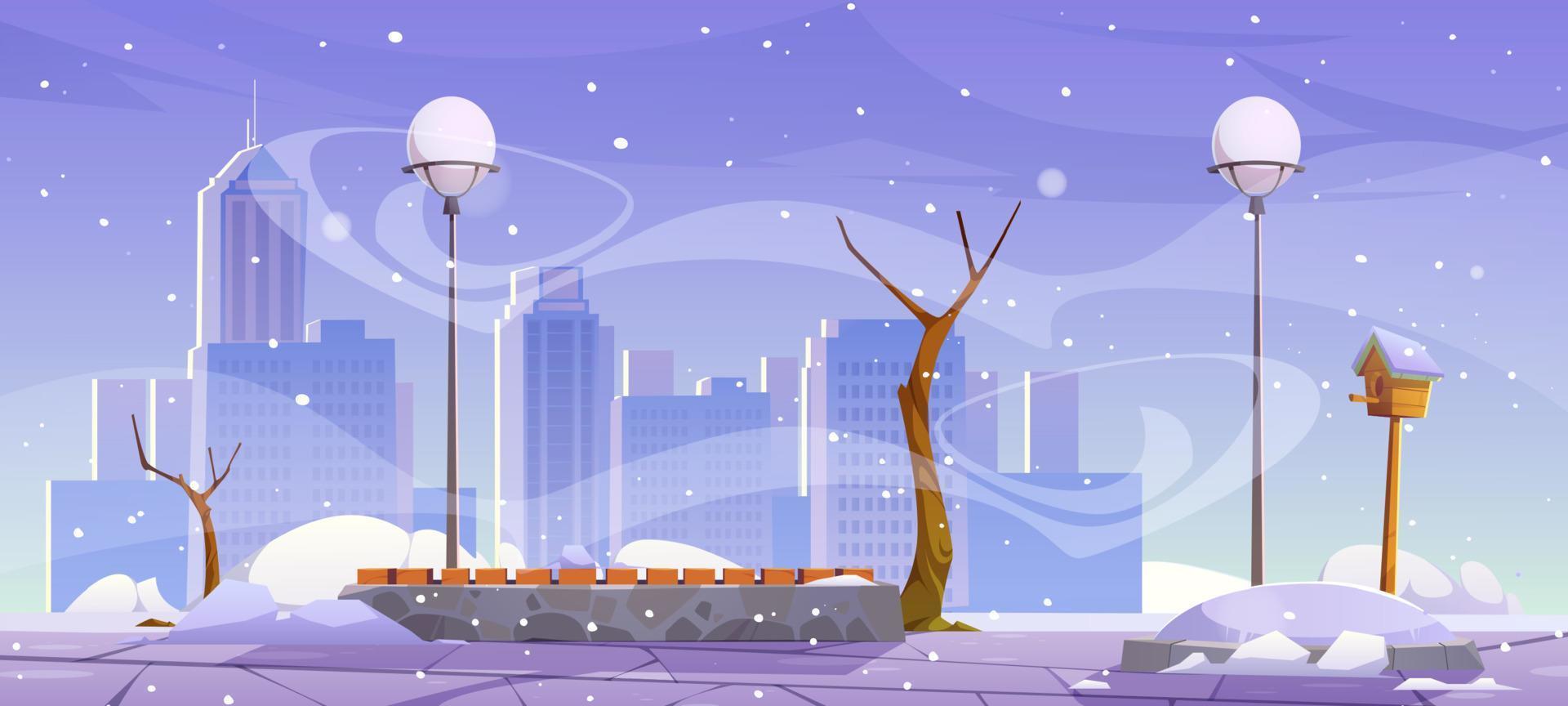 Winter city park with wooden bench, urban garden vector