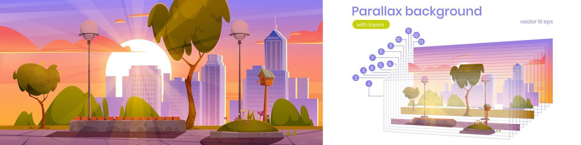 Parallax background, city park with birdhouse vector