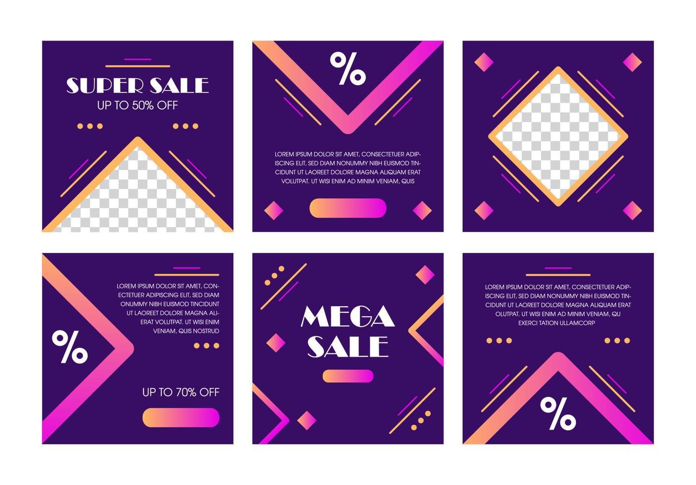 Purple modern social media post templates collection. Sale editable minimal square banners. vector