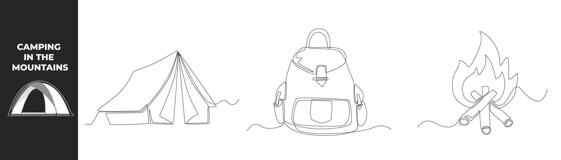 Continuous one line drawing summer camp set concept. Tent, Travel bag and bonfire. Single line draw design vector graphic illustration.