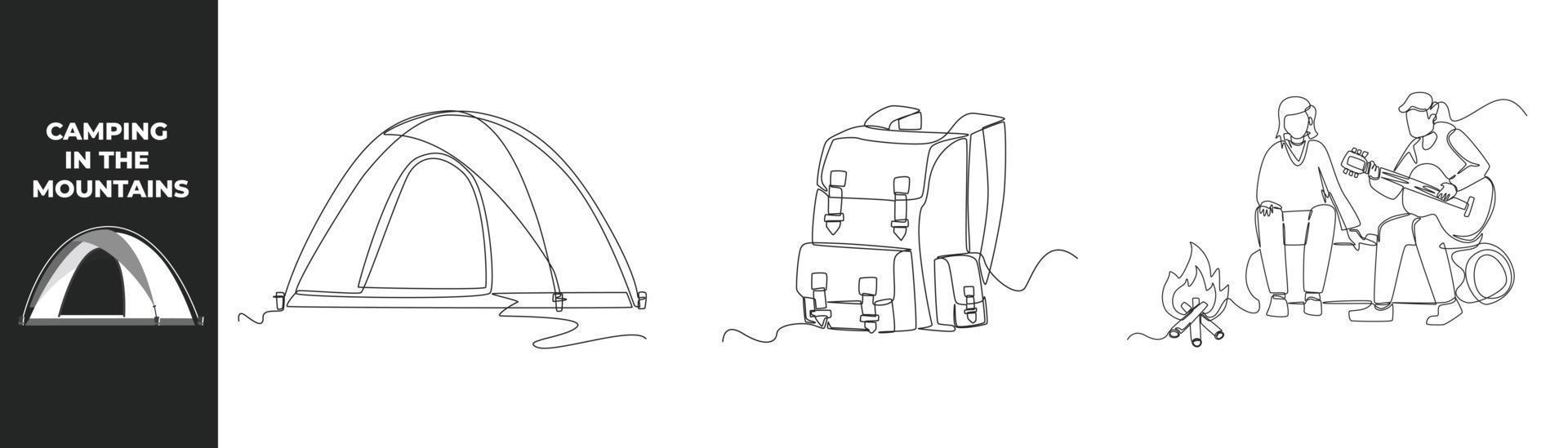 Continuous one line drawing summer camp set concept. Tent, Travel bag and Happy boy and girl sitting around bonfire and play guitar at night camp. Single line draw design vector graphic illustration.