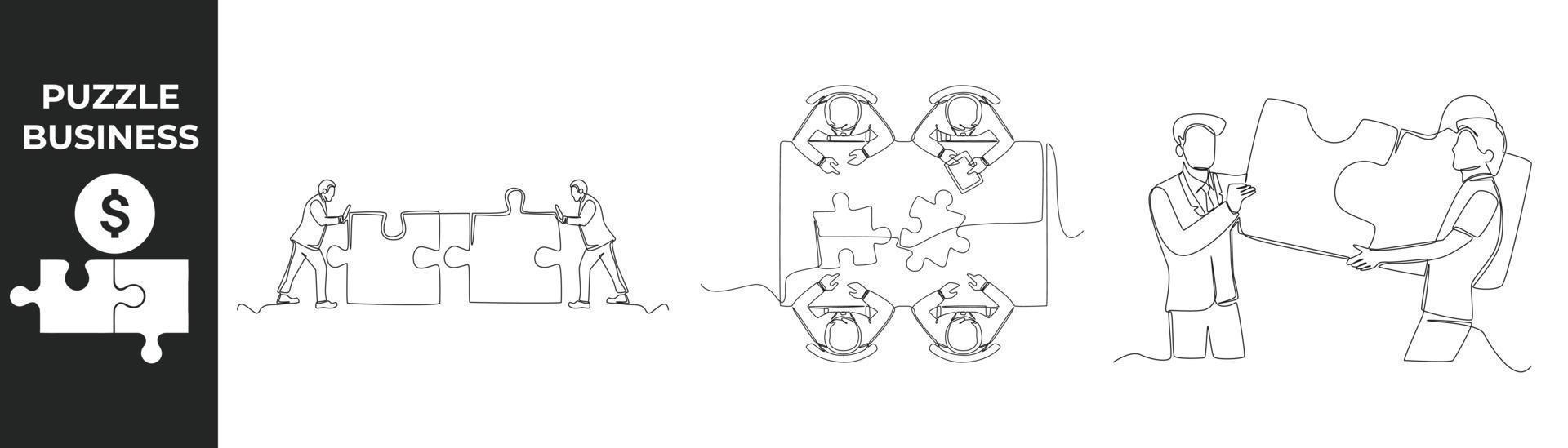 Single one line drawing business puzzle pieces set concept. Business team matching pieces of puzzle. Continuous line draw design graphic vector illustration.