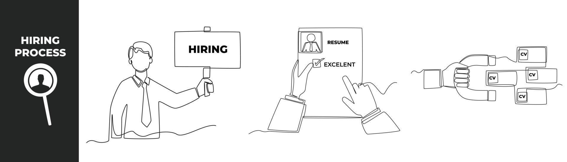 Continuous one line drawing hiring process set concept. Hiring and CV resume. Single line draw design vector graphic illustration.
