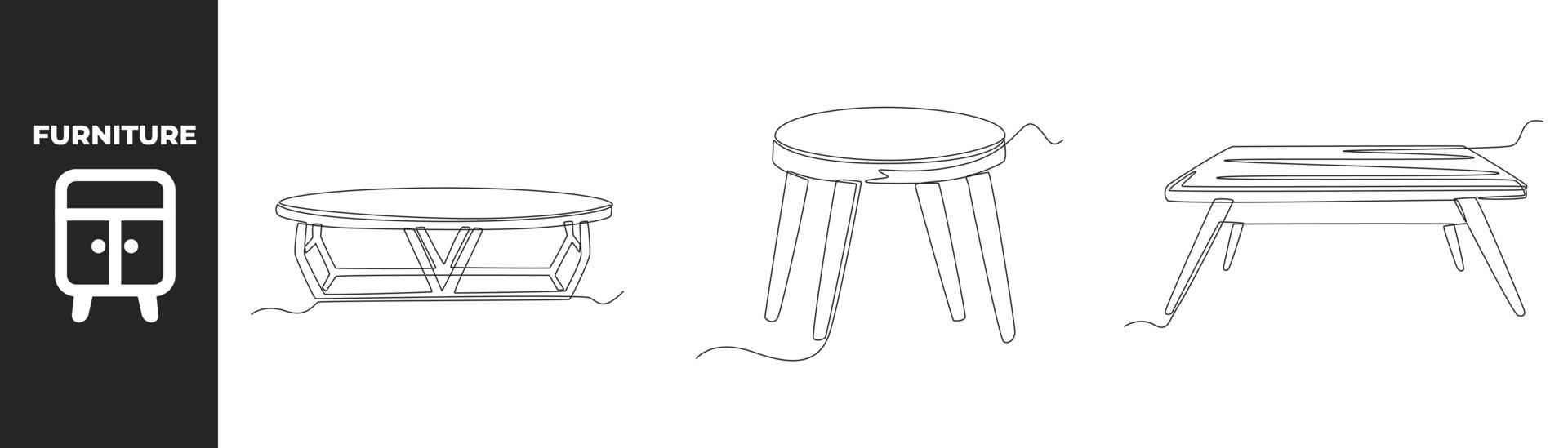 Continuous one line drawing modern furniture set concept. Modern wooden