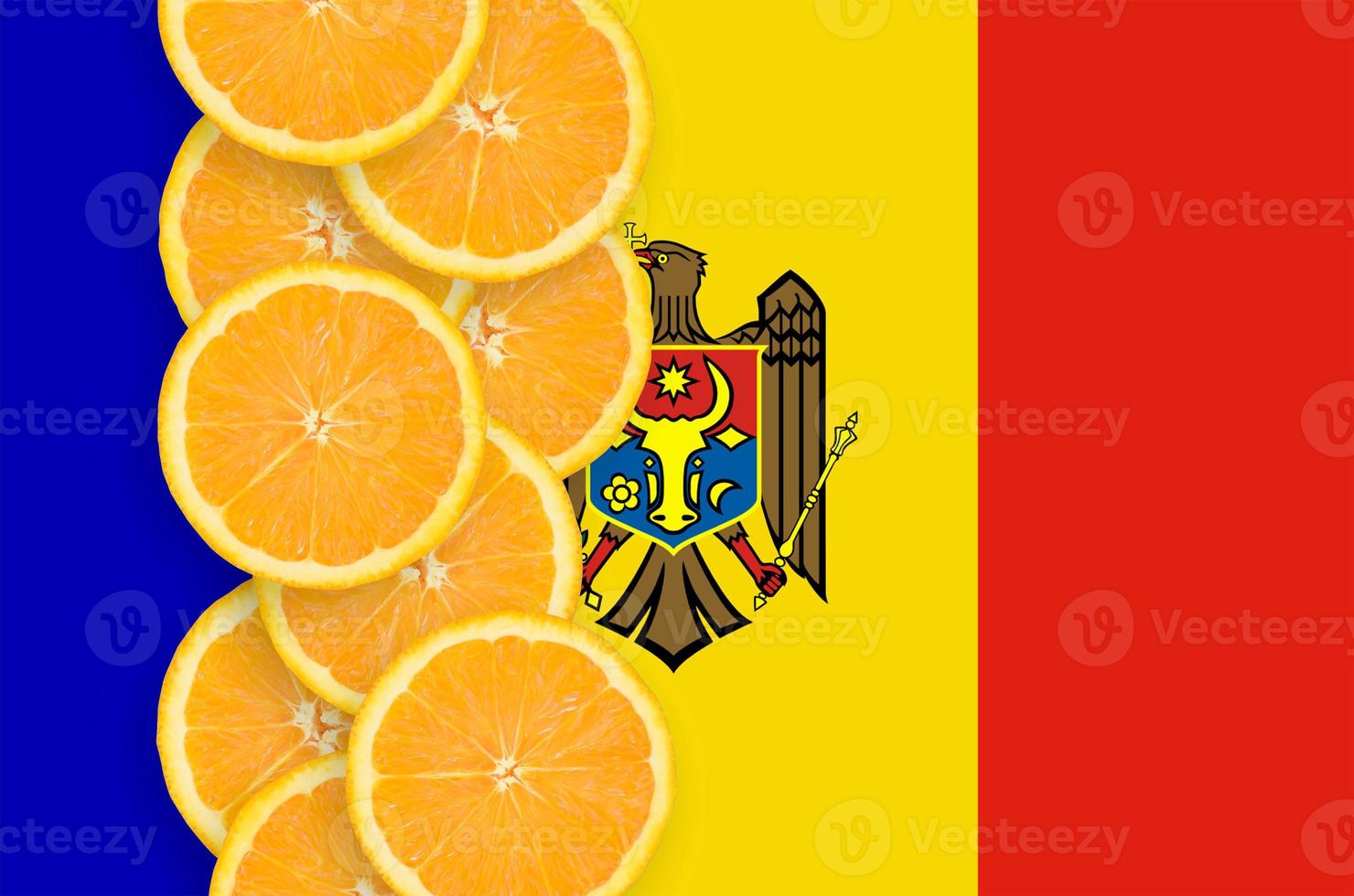 Moldova flag and citrus fruit slices vertical row photo