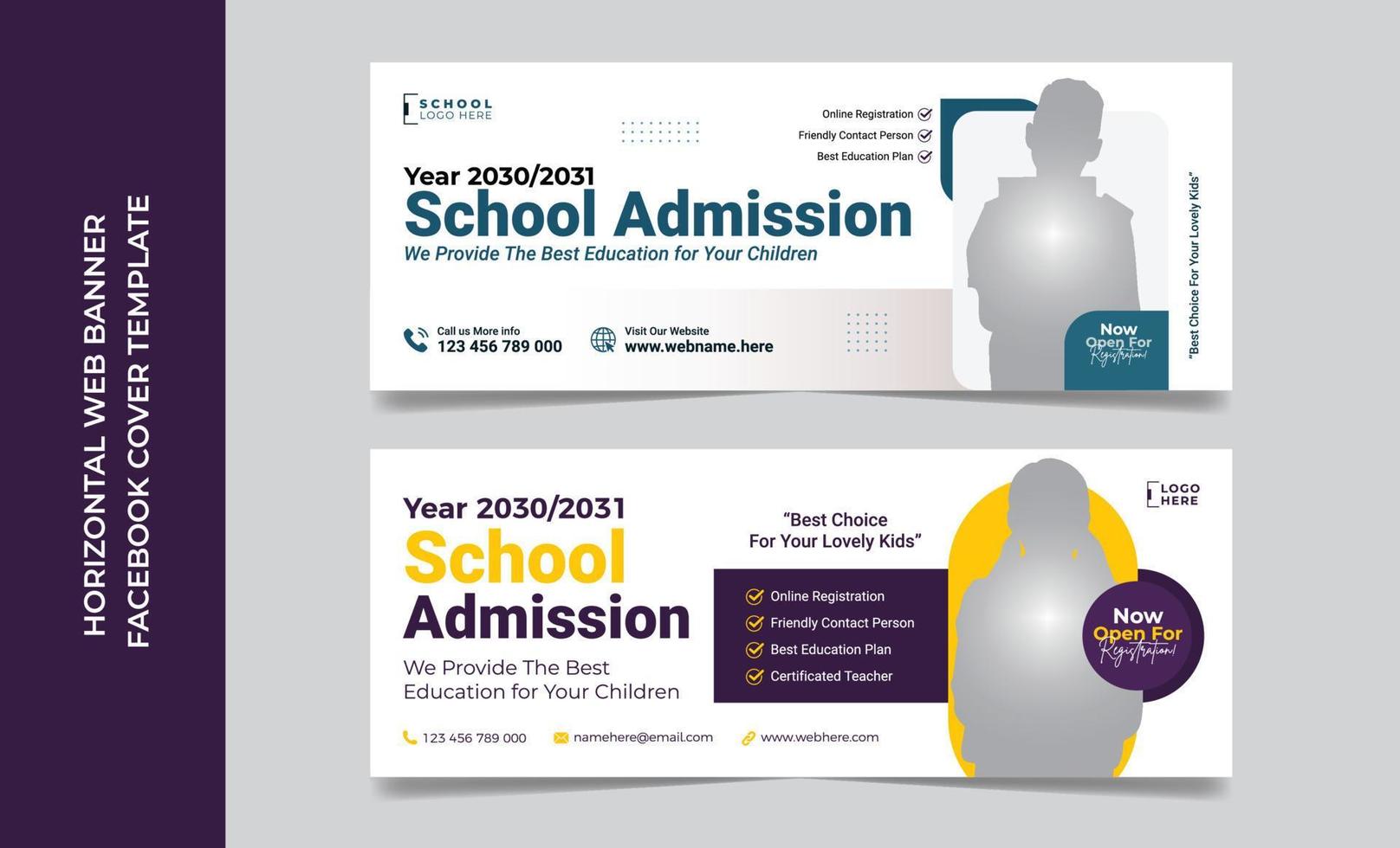 School admission social media post banner, educational social media post cover page back to school web banner design template vector