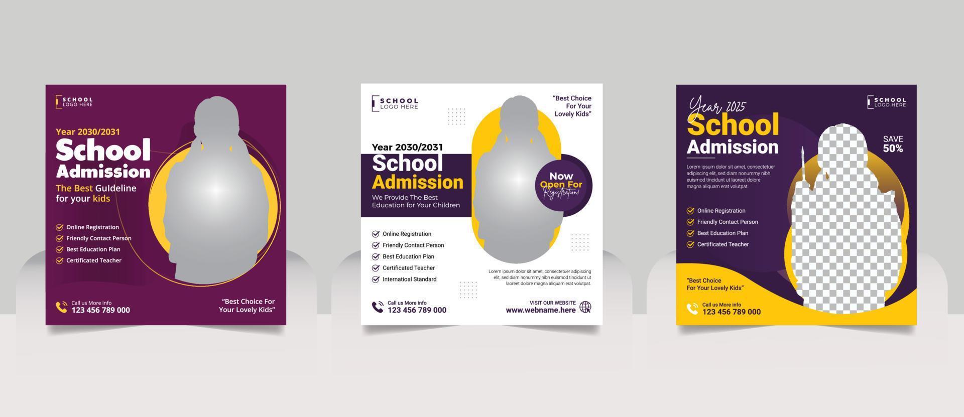 School admission social media post banner, educational social media post square flyer back to school web banner design template vector