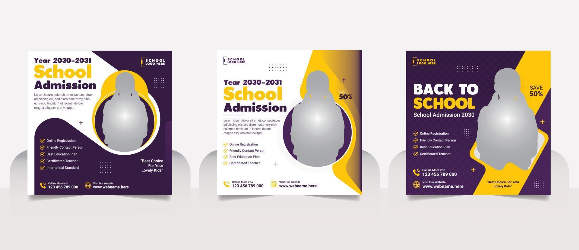 School admission social media post banner, educational social media post square flyer back to school web banner design template vector