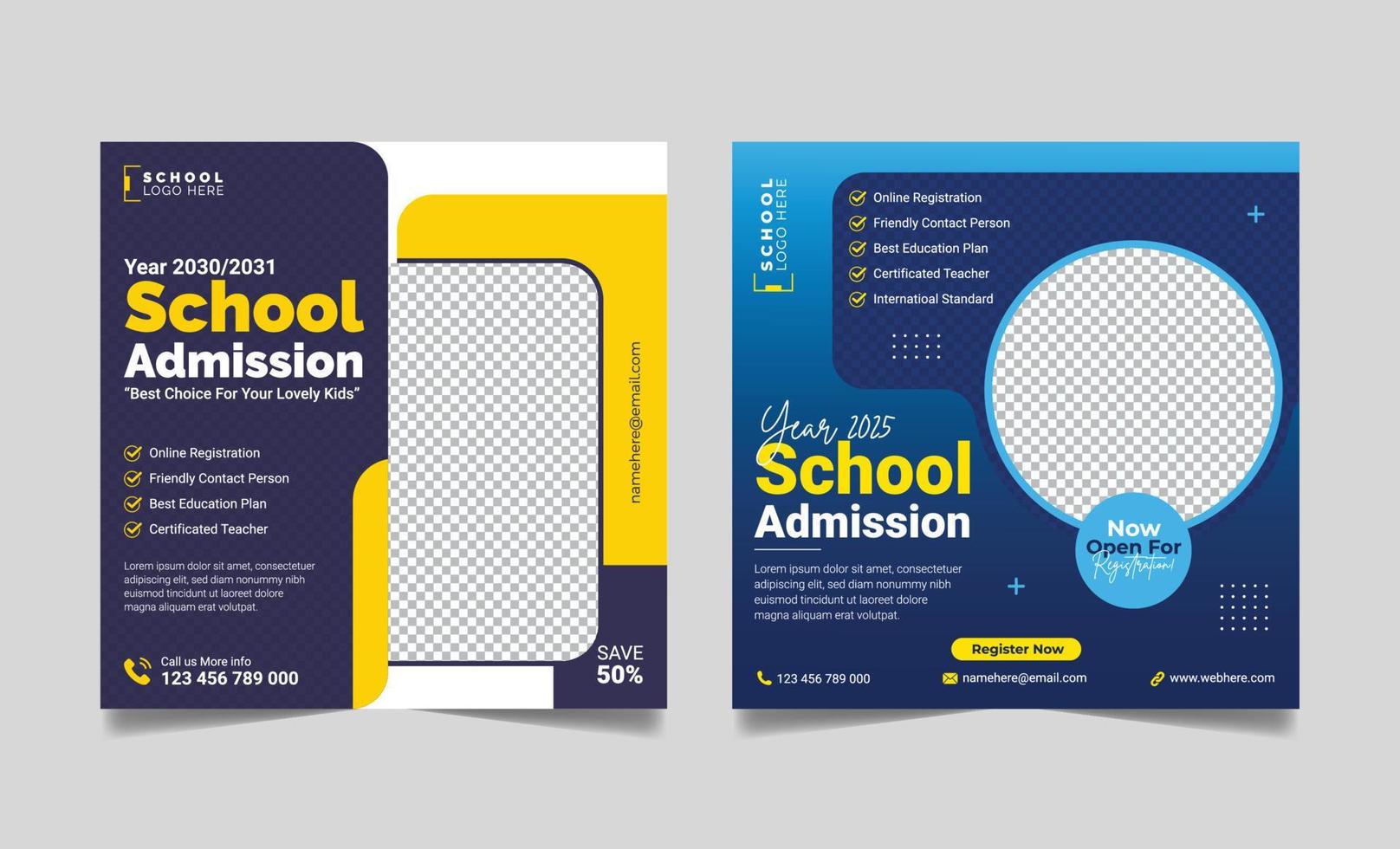School admission social media post banner, educational social media post square flyer back to school web banner design template vector