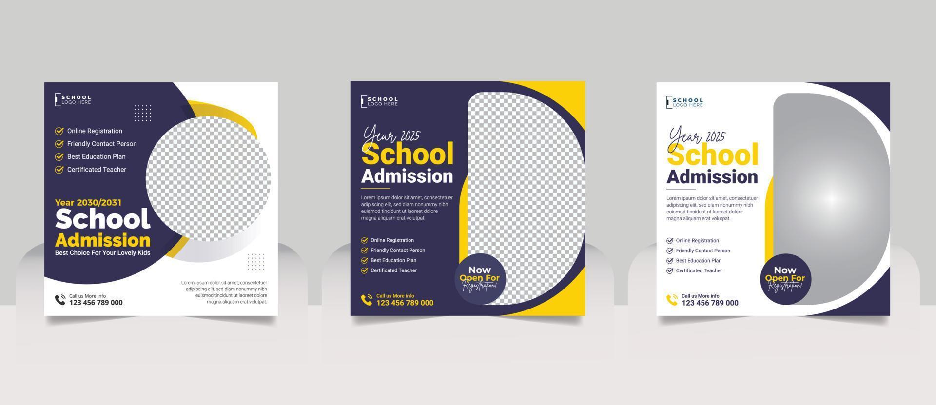 School admission social media post banner, educational social media post square flyer back to school web banner design template vector