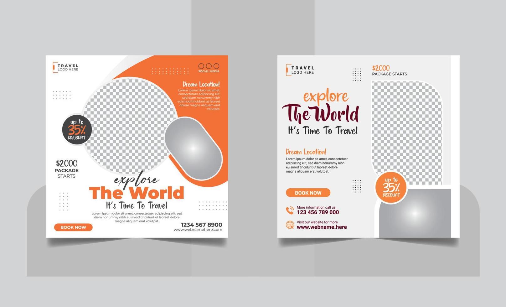Travel tour promotion holiday vacation social media post or explore world travelling business social media square web banner template vector