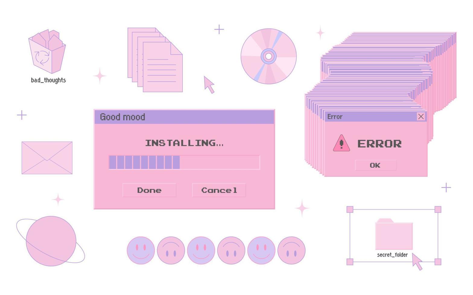 interfaz de usuario de computadora antigua, estilo de los años 90 2000, elementos de PC retro, conjunto estético y2k de moda, nostalgia, ilustración vectorial vector