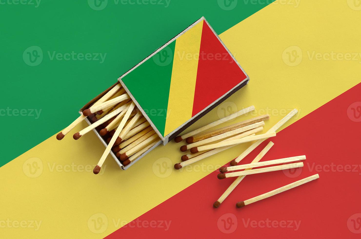 Congo flag is shown on an open matchbox, from which several matches fall and lies on a large flag photo