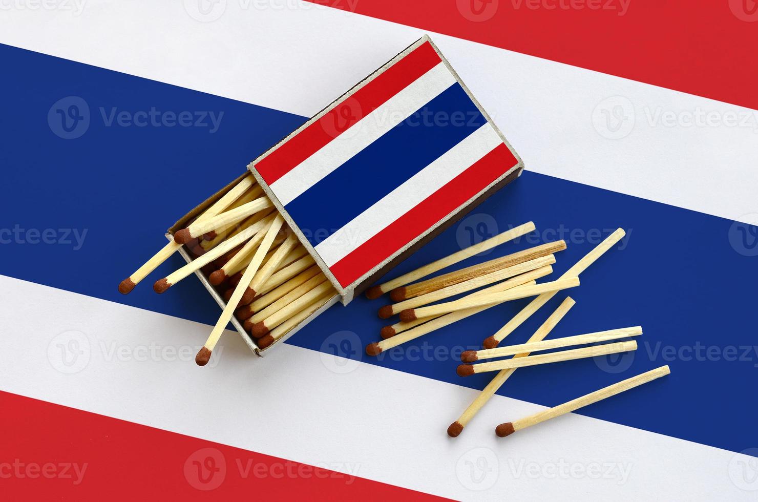 Thailand flag is shown on an open matchbox, from which several matches fall and lies on a large flag photo