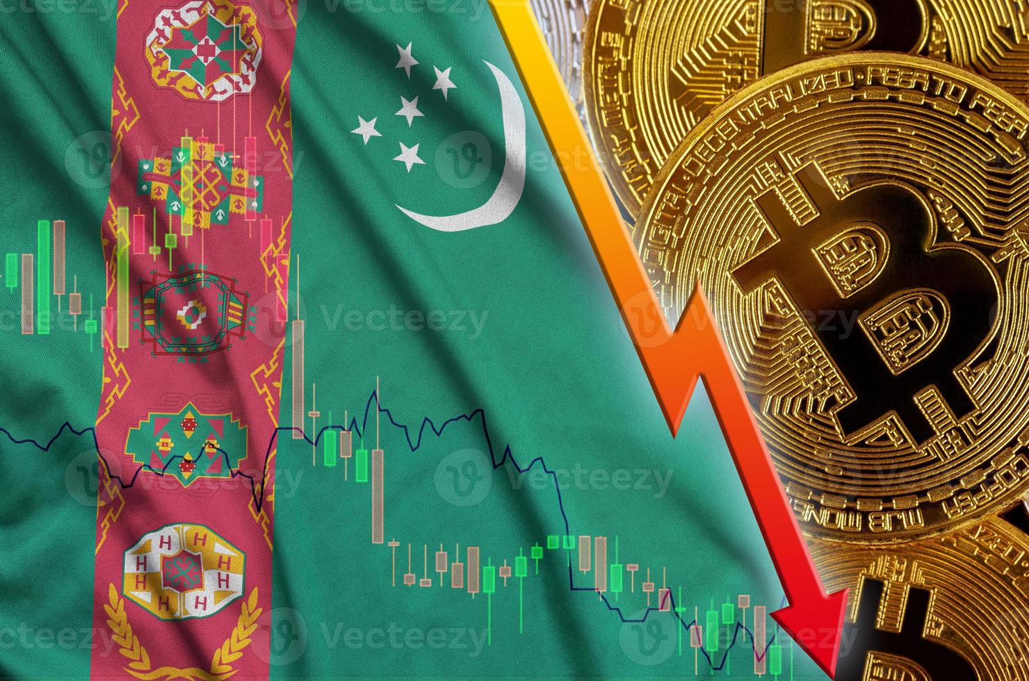 Turkmenistan flag and cryptocurrency falling trend with many golden bitcoins photo