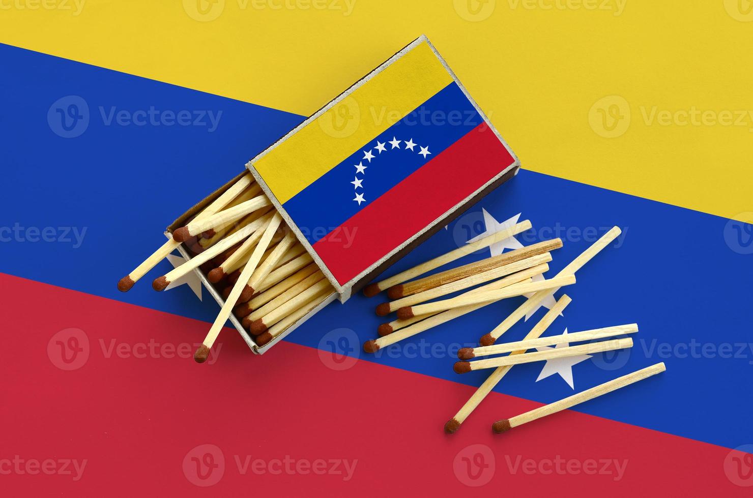Venezuela flag is shown on an open matchbox, from which several matches fall and lies on a large flag photo