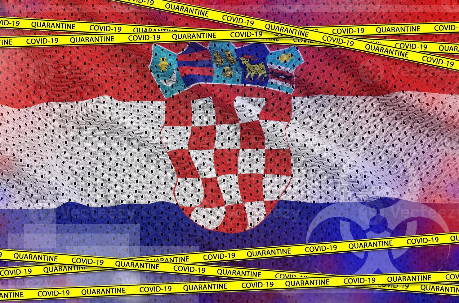 Croatia flag and Covid-19 quarantine yellow tape. Coronavirus or 2019-nCov virus concept photo