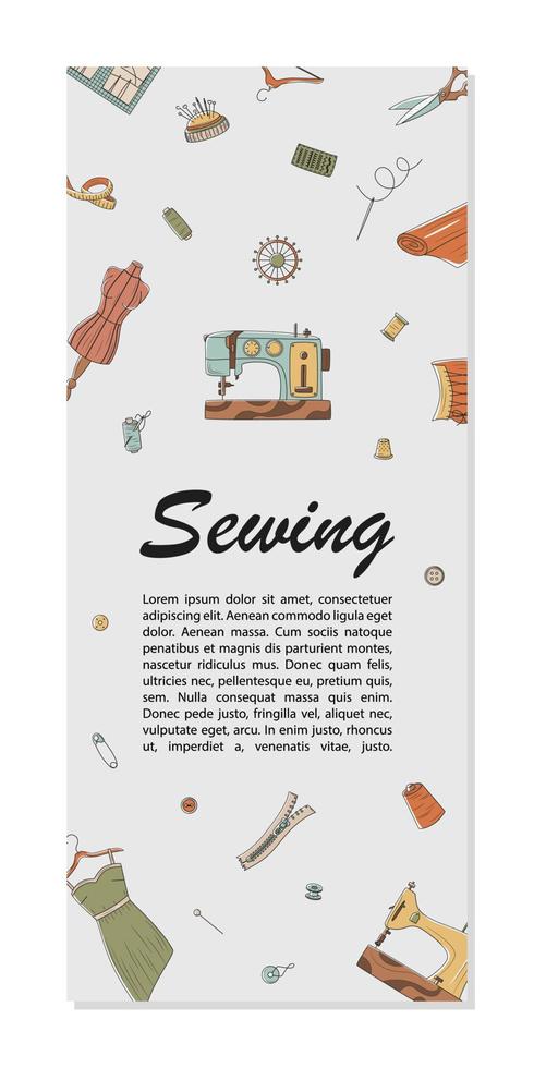 Vertical Flyer With A Sewing Theme. Design For Atelier, Tailor Business, Clothing Repair. Flat Vector Illustration. Copyspace For Text.