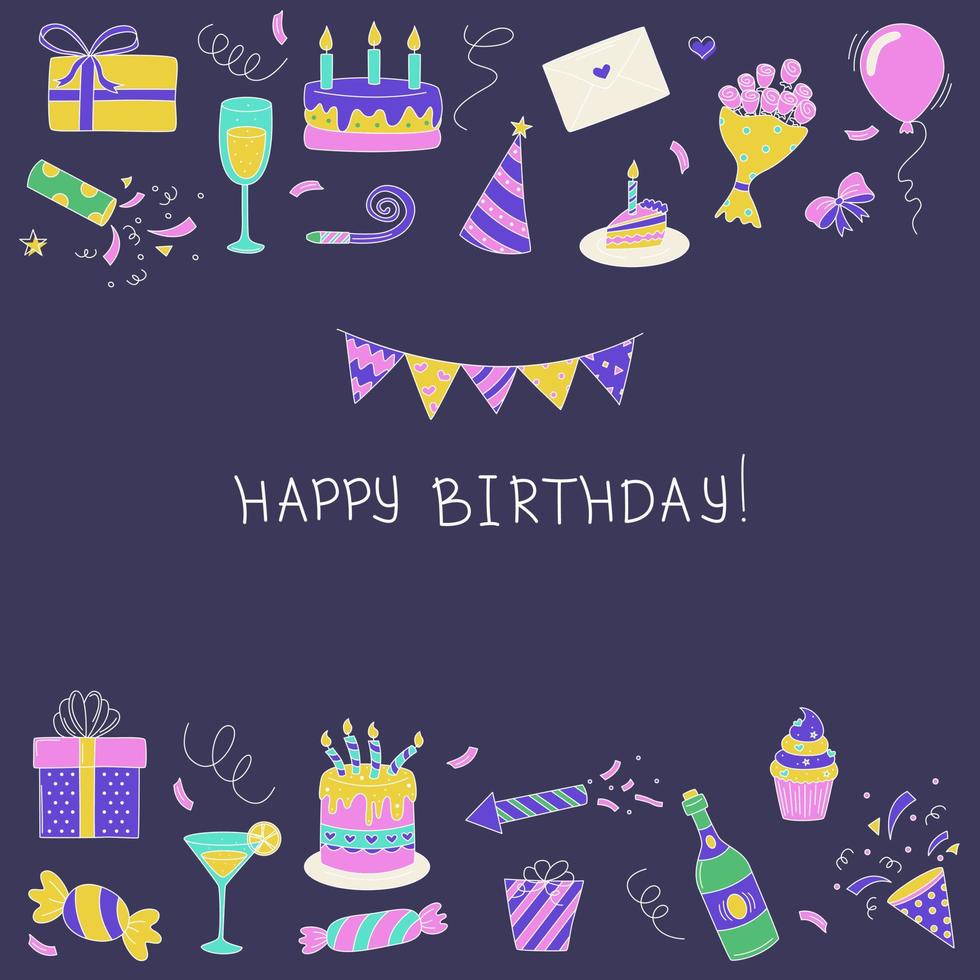 Happy Birthday. Cakes, Crackers, Gifts And Other Items. The Concept Of a Holiday, Birthday, Congratulations. vector