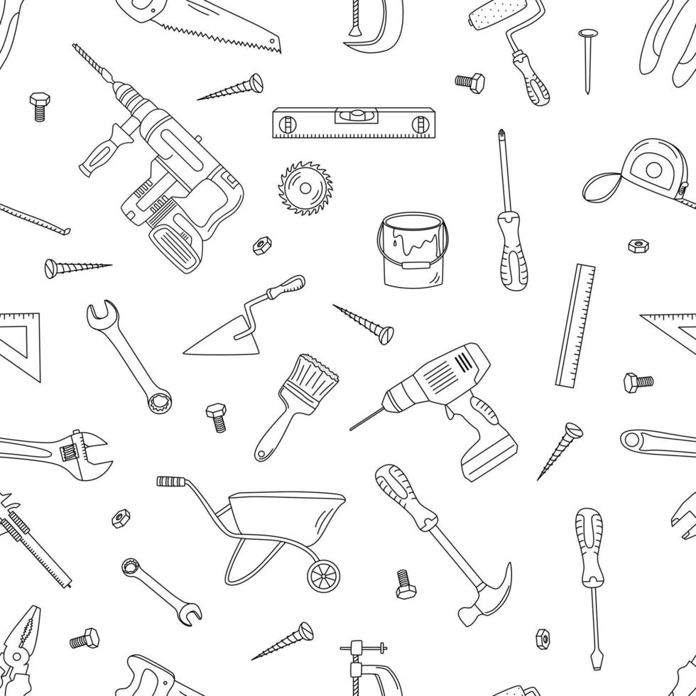 Seamless Pattern With Building Elements. Outline Vector Illustration In Doodle Style. Construction Tools.