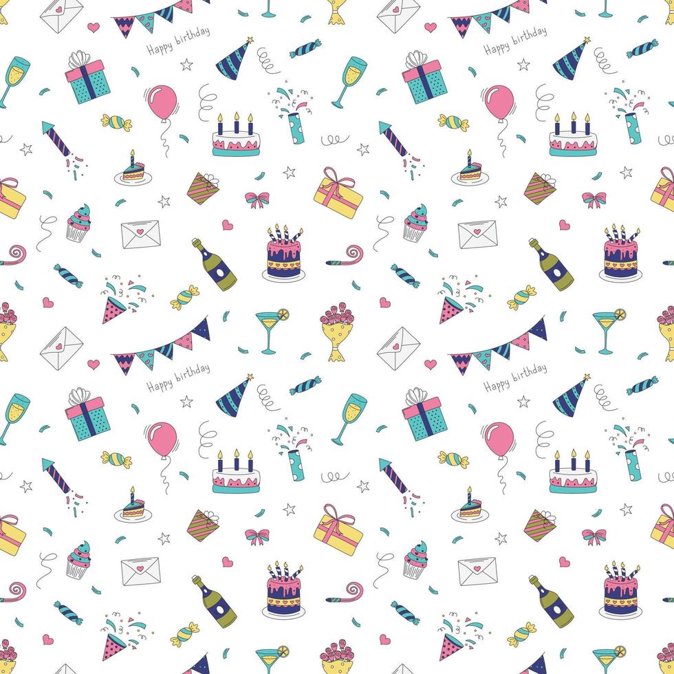 Happy Birthday. Seamless Pattern With Birthday Elements. Cakes, Gifts, Balloons And More. vector