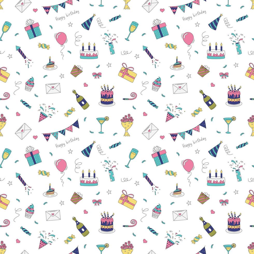 Happy Birthday. Seamless Pattern With Birthday Elements. Cakes, Gifts, Balloons And More. vector