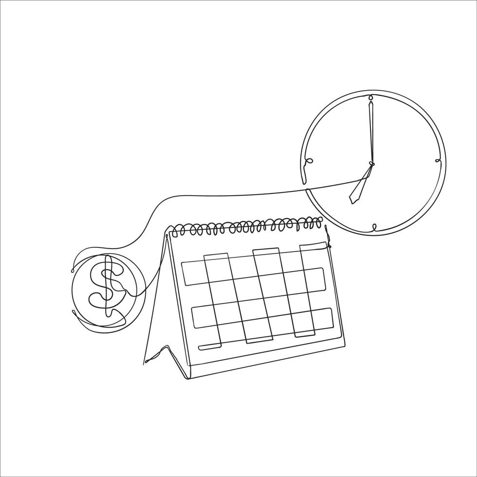 continuous line drawing calendar clock and money illustration vector