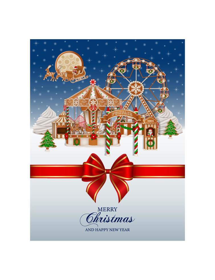 Christmas background with gingerbread funfair. christmas poster with gingerbread cookies and candies vector