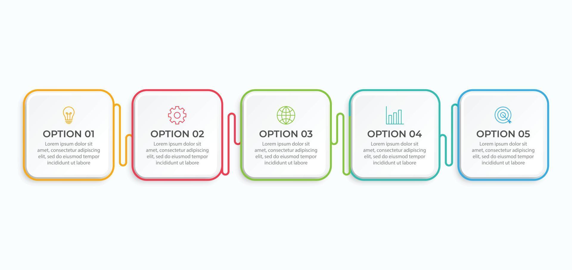 Proceso de línea delgada de infografía empresarial con diseño de plantilla cuadrada con iconos y 5 opciones o pasos. ilustración vectorial. vector