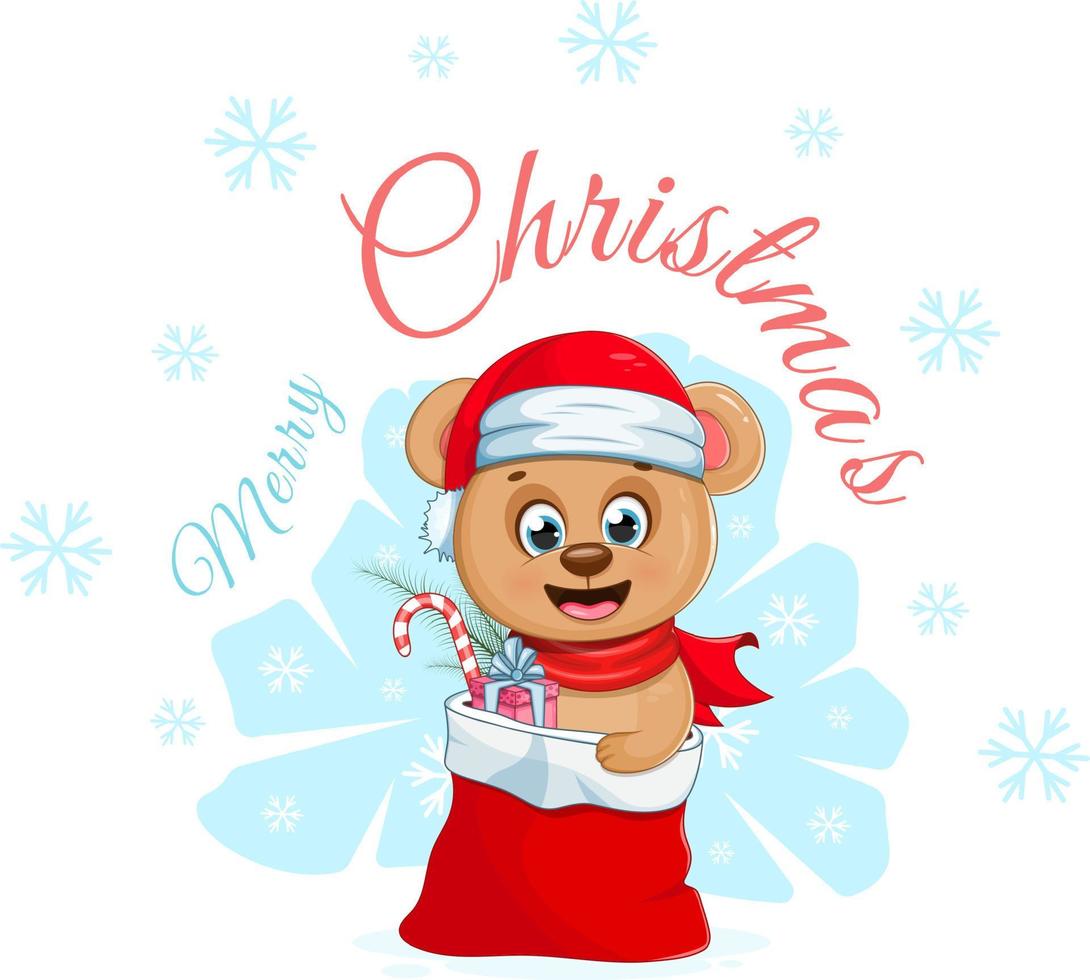 Postcard Merry Christmas with cartoon bea vector