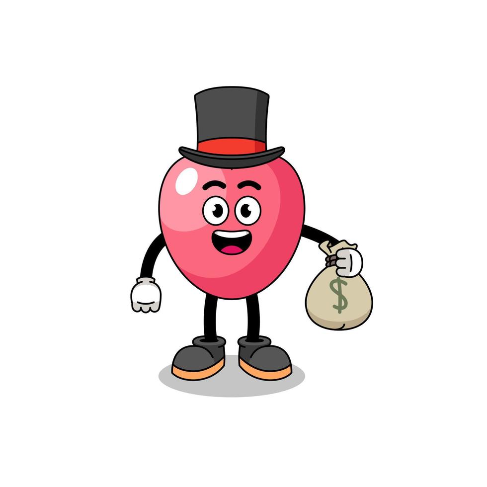 símbolo del corazón mascota ilustración hombre rico sosteniendo un saco de dinero vector