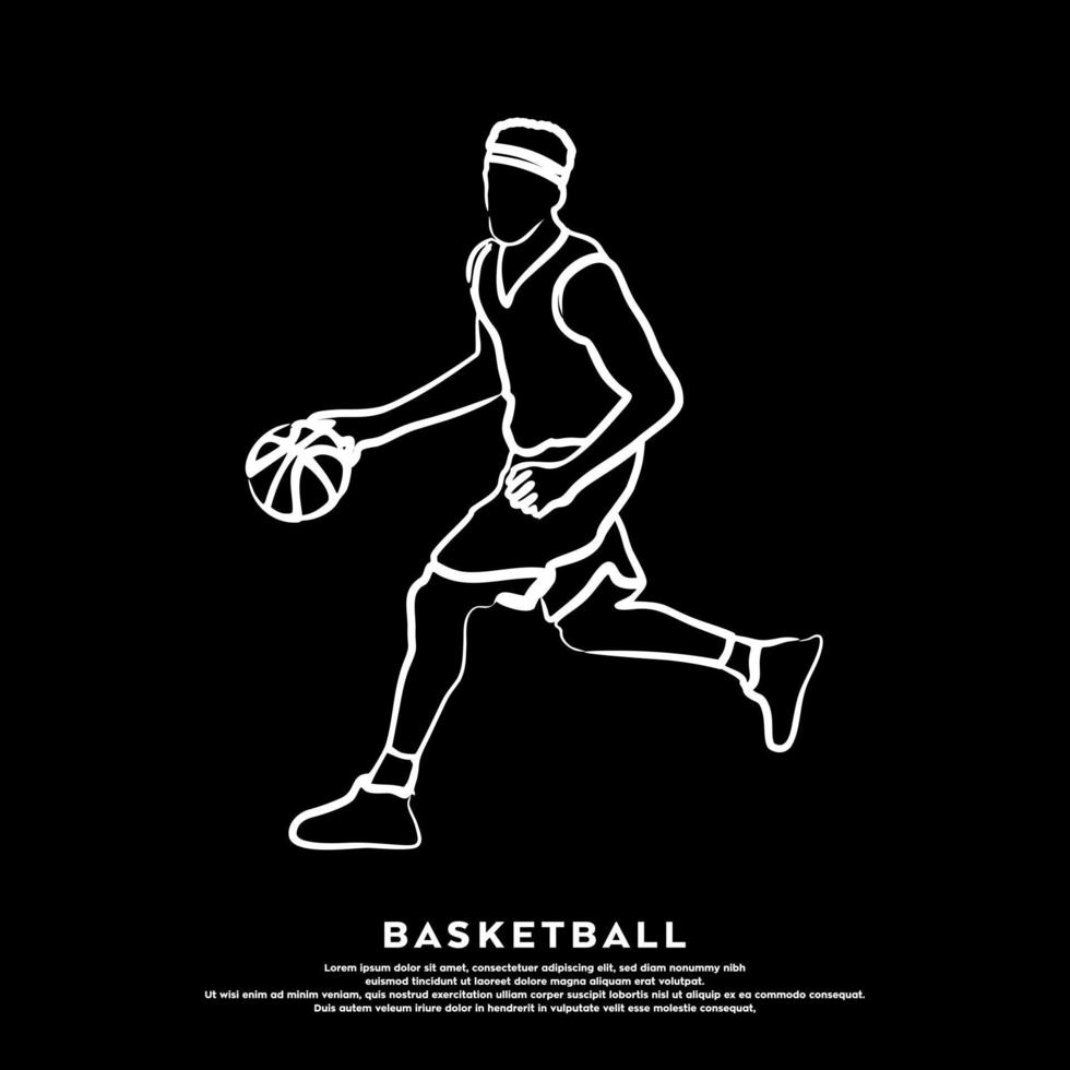 Vector line art of professional basketball player dribbling isolated on black background