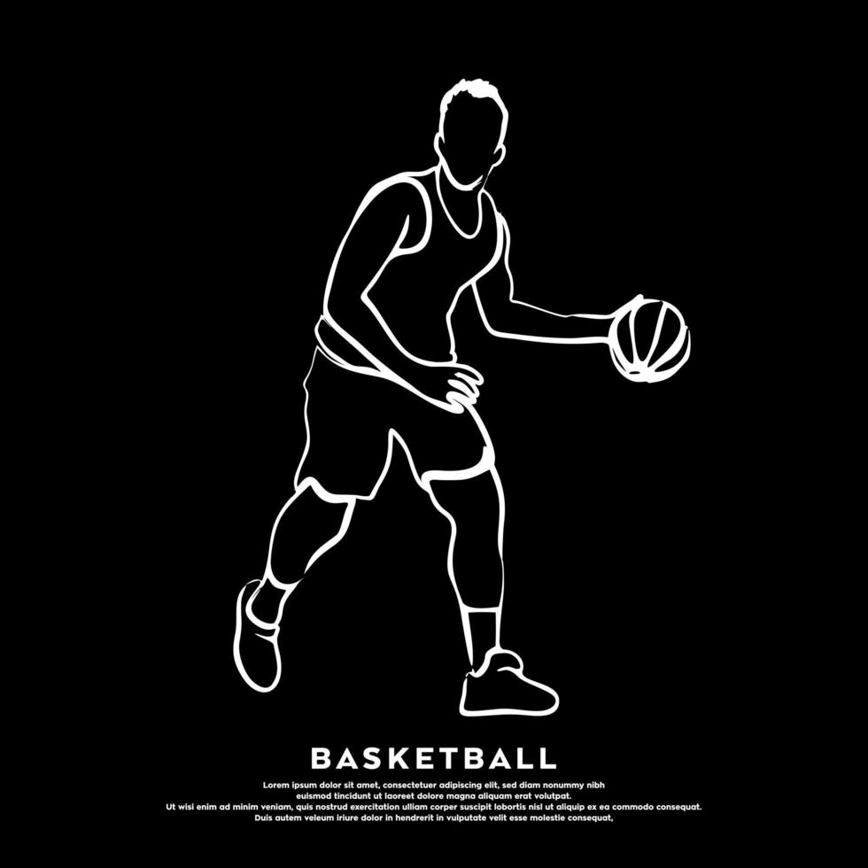 Vector line art of professional basketball player dribbling isolated on black background