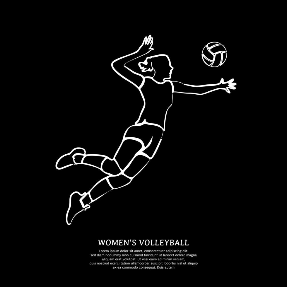 arte de línea blanca de jugadora de voleibol femenino saltando y bola de punta aislada en fondo negro vector