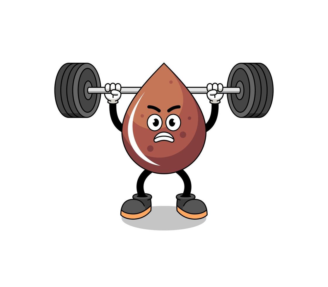 chocolate drop mascot cartoon lifting a barbell vector