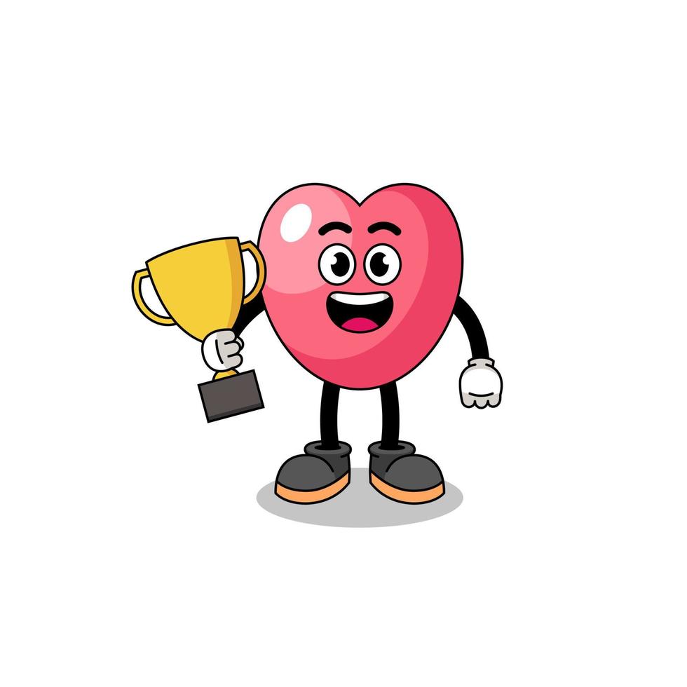 Cartoon mascot of heart symbol holding a trophy vector