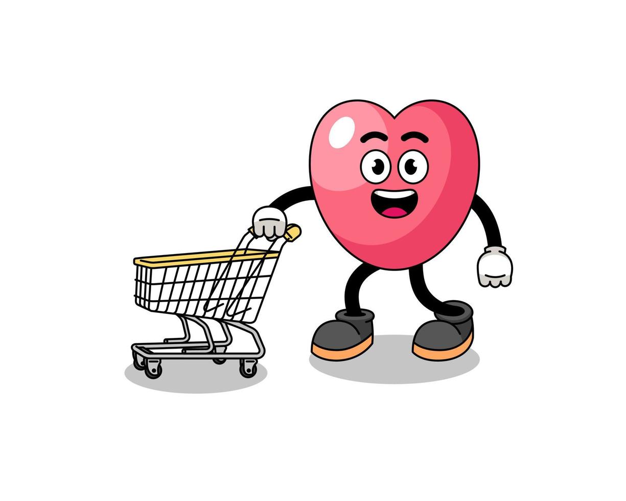 caricatura, de, corazón, símbolo, tenencia, un, carrito de compras vector