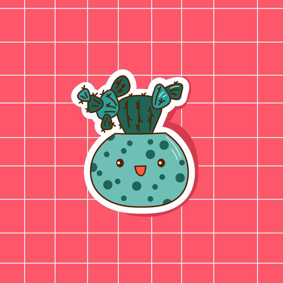 Kawaii cactus sticker in a pot. Prickly cactus. A homemade potted plant. Doodle vector illustration