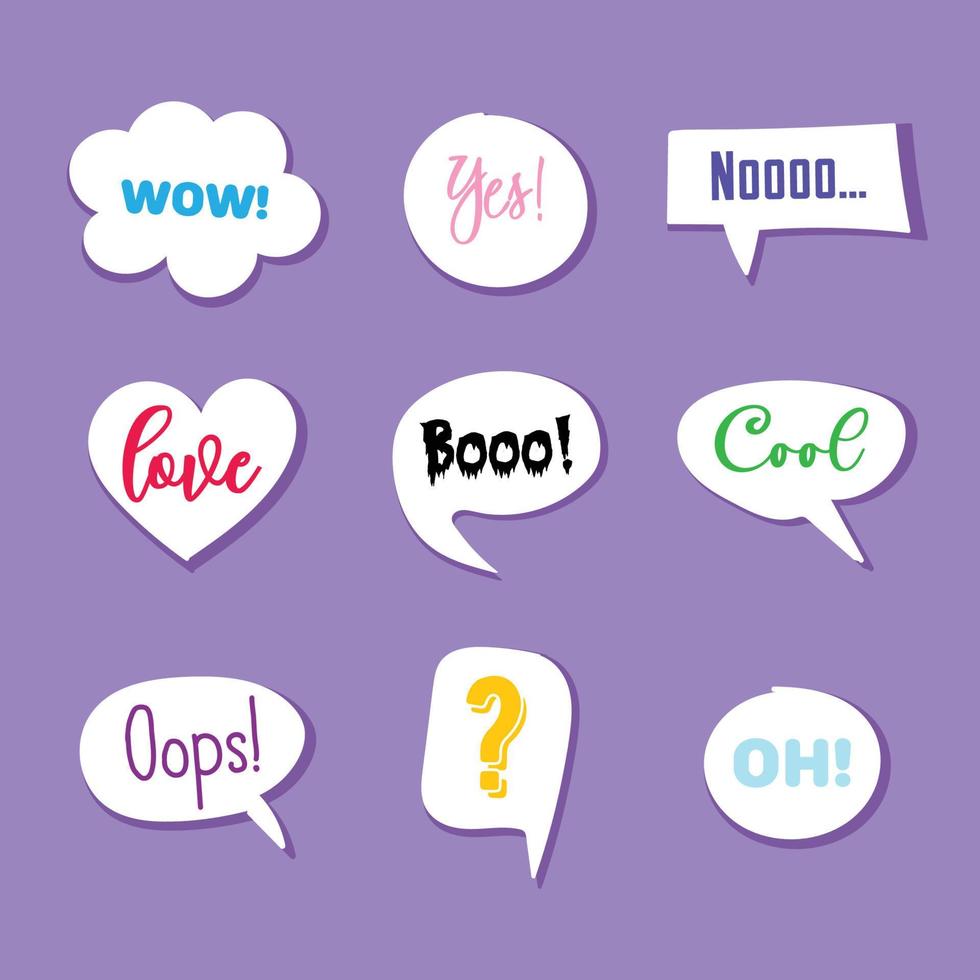 Stickers set. Speech balloon, speech bubble of different shapes. Phrases and exclamations to express different emotions. Perfect for instant messengers and social networks. vector