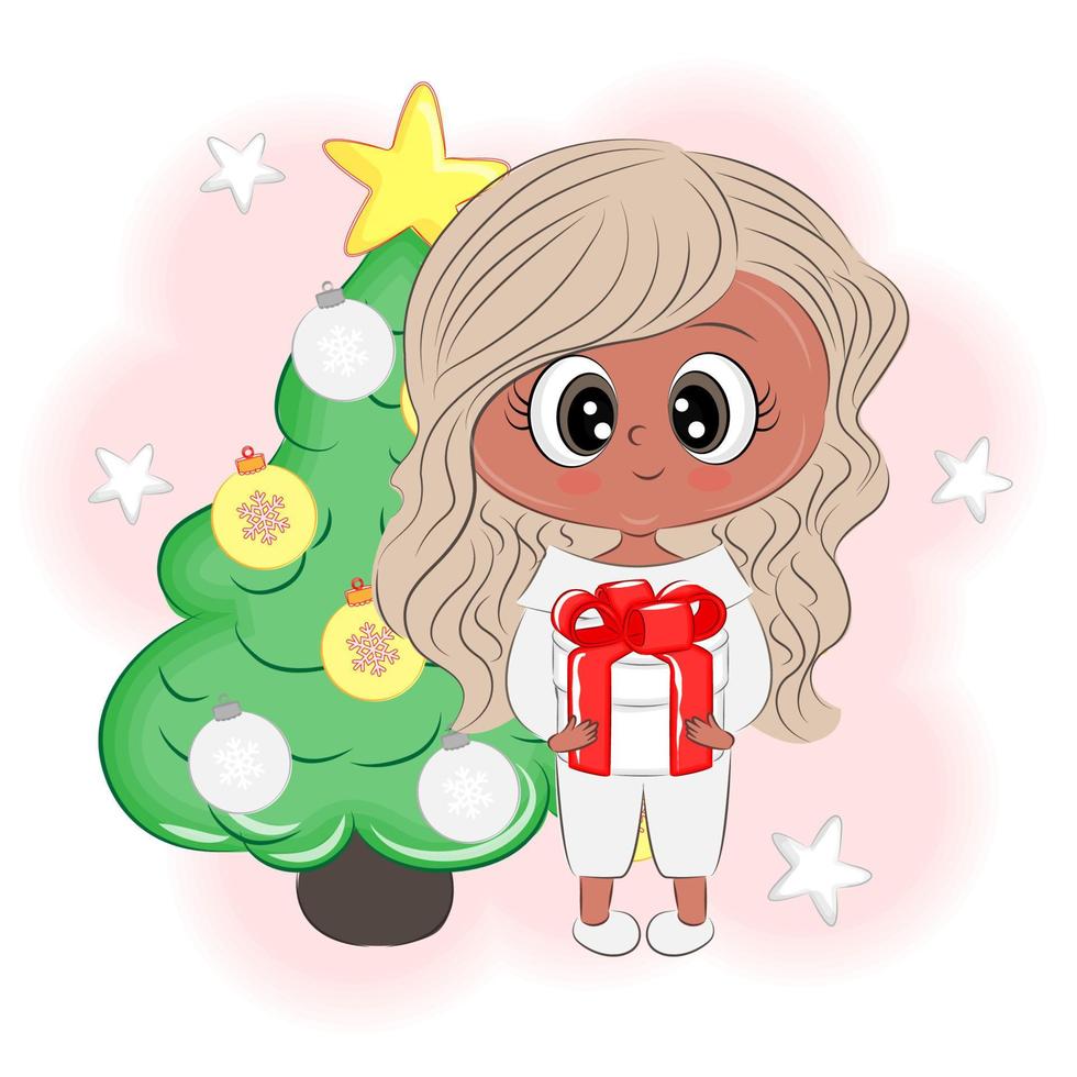 Cute Little Girl con un árbol de Navidad y un regalo de Navidad ilustración vectorial vector