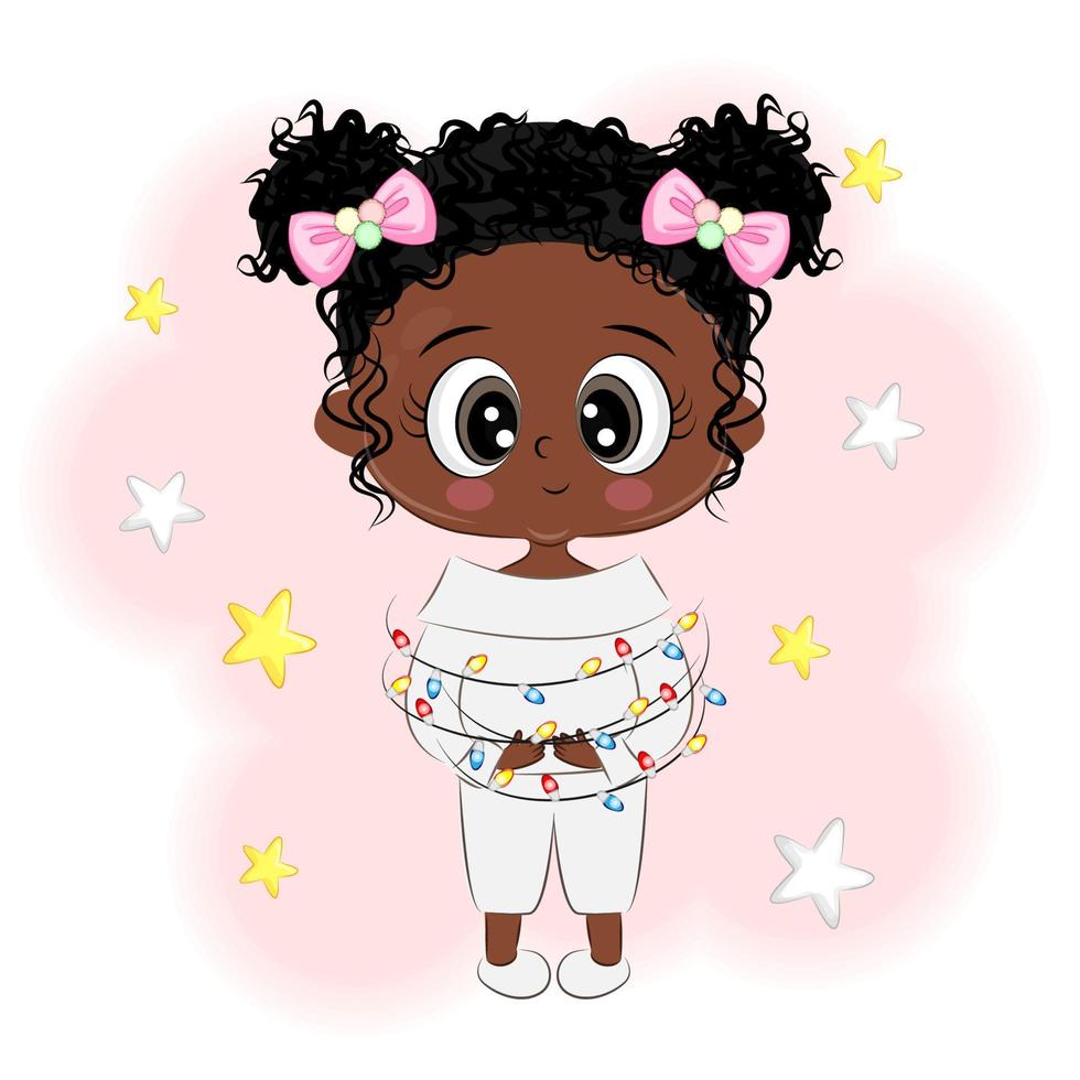 Linda chica afro con garland navidad ilustración vectorial vector