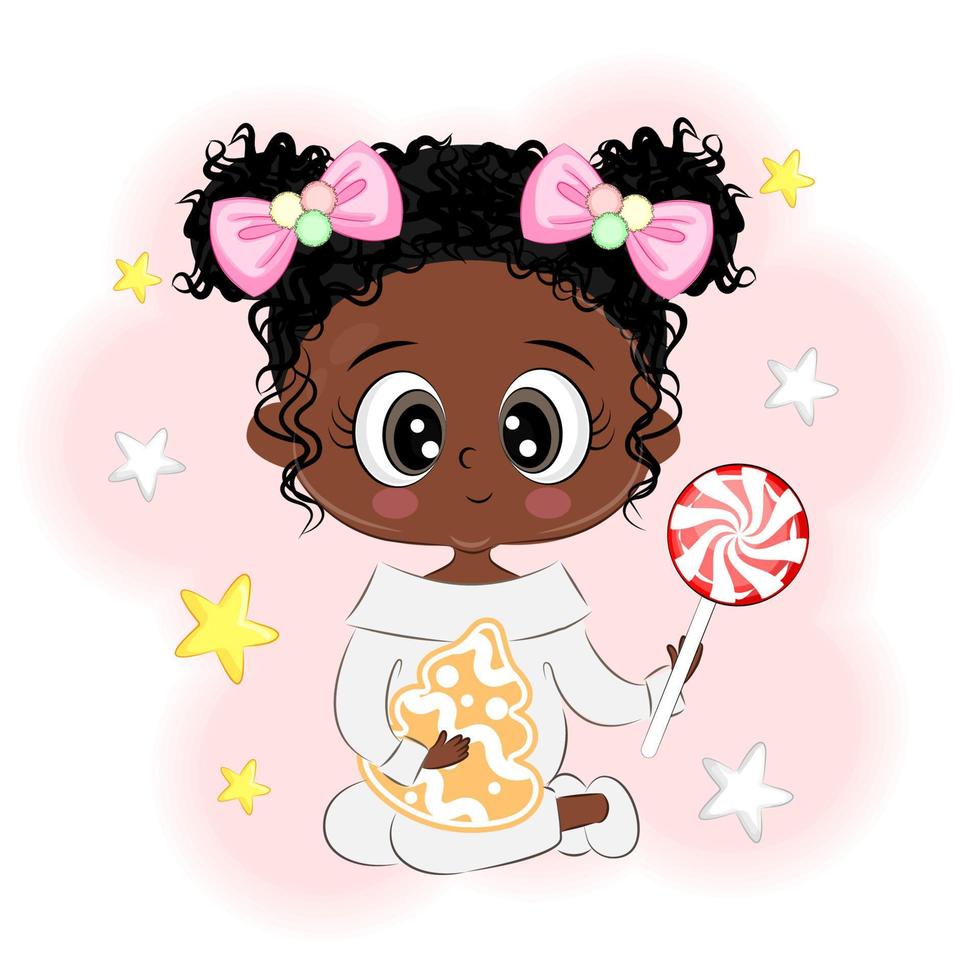 Cute Afro Girl with Candy and Cookies Christmas Vector Illustration