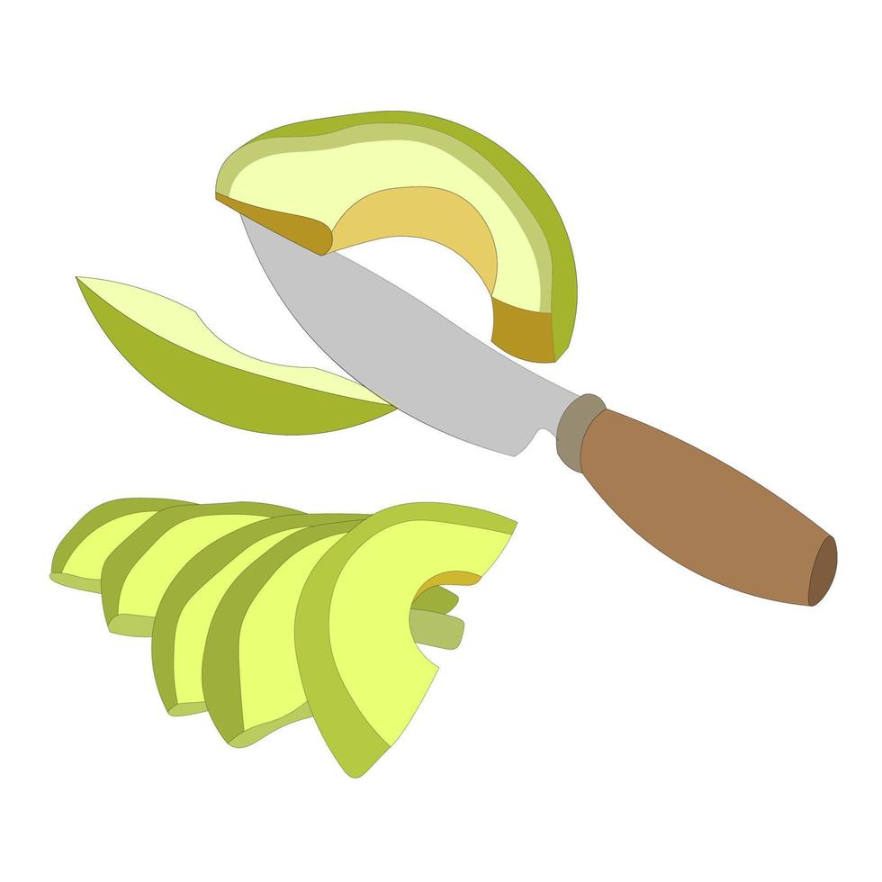 Slice fresh avocado with knife with wooden handle. Cutting food with sharp metal knife. Vector illustration of healthy vegan food. Prepare healthy food, vegetables in the kitchen.