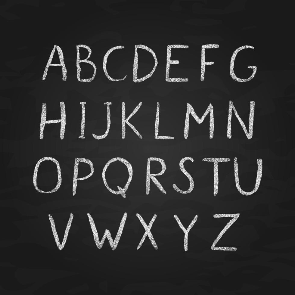 Chalk vector alphabet. Retro hand drawn letters A-Z isolated on chalkboard. Sans serif font. Latin uppercase handwriting symbols.