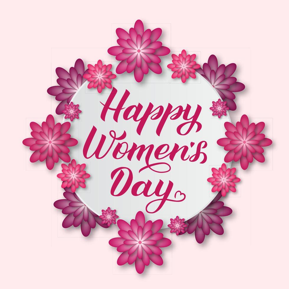 Happy Womens Day calligraphy lettering with pink and puprle paper cut flowers. International womens day greeting card. Vector illustration. Perfect for banner, poster, invitation, postcard, etc.