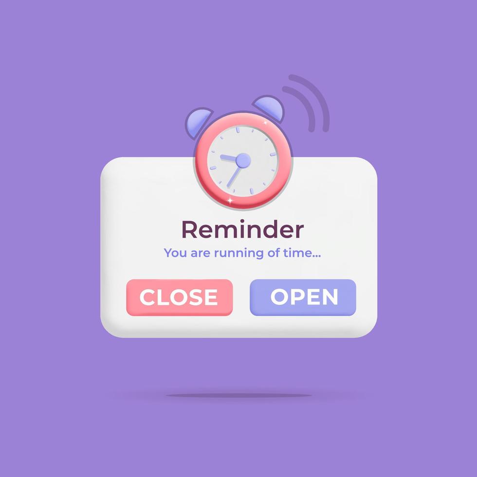 3d vector new reminder rectangle window push notification with alarm clock timer icon template design