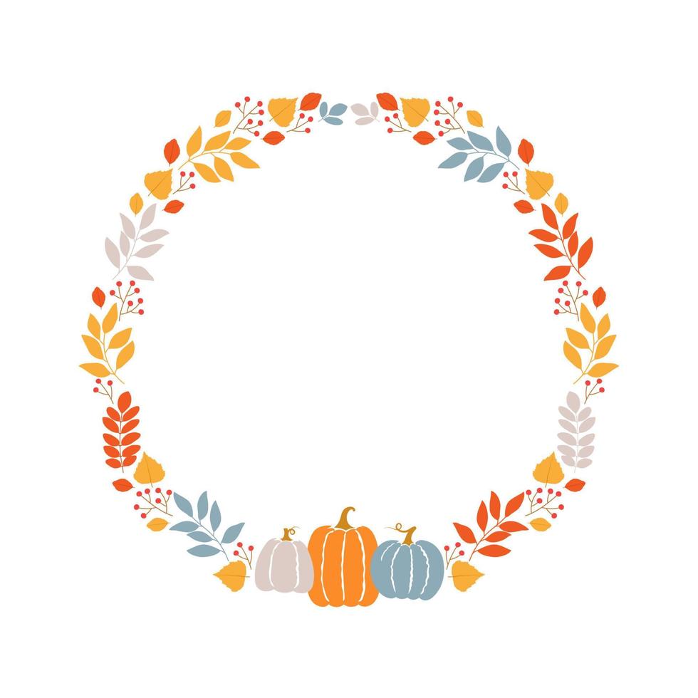 Round frame with autumn twigs, berries and pumpkins. Template for autumn decorative design vector