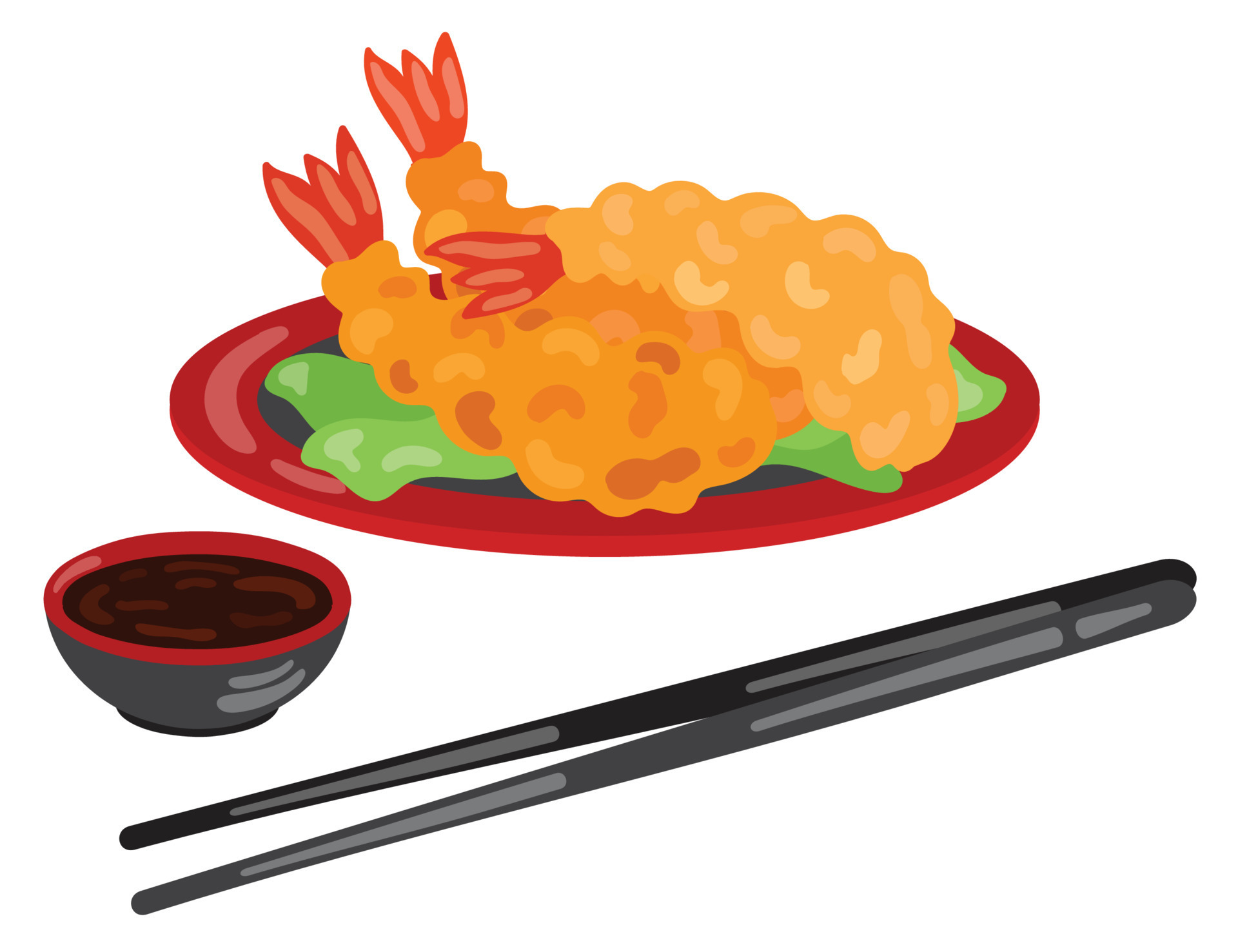 Tempura Japanese fried shrimp on plate and soy souse. Hand drawn vector