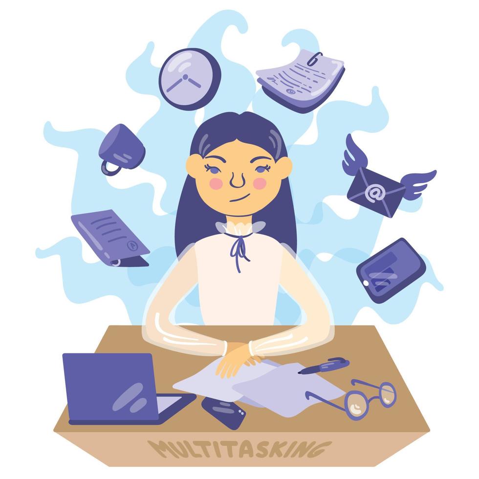 Multitasking Businesswoman at Work. Hand drawn vector illustration. Suitable for website, presentations.