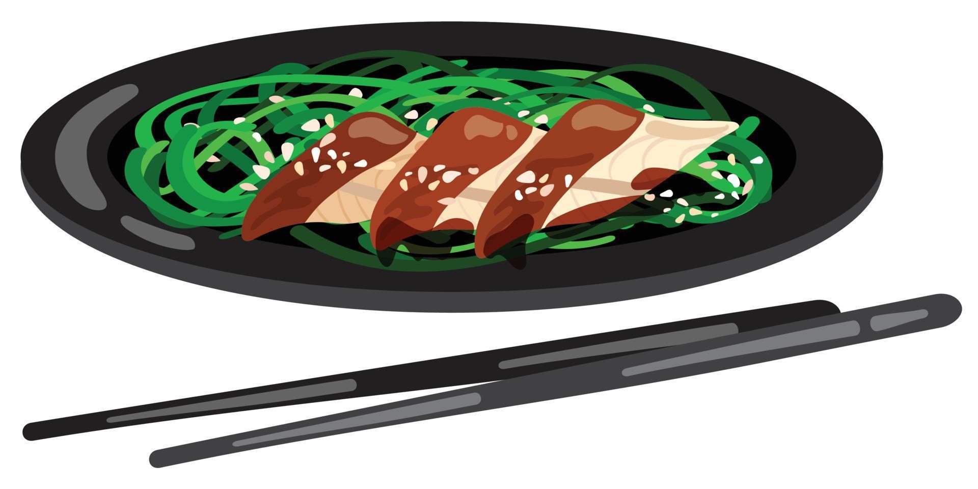 Chuka salad. Green seaweed with sesame seeds and grilled eel. Suitable for website, stickers, menu. vector